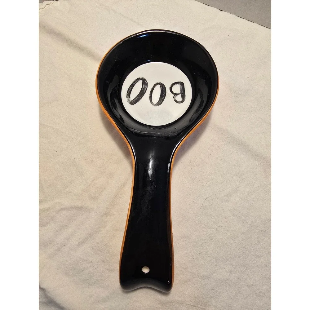 Terramoto Ceramic Halloween Boo Spoon Rest Black Orange White Glossy 9.5 Inch